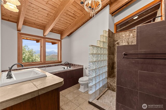 50 Sage Canyon Dr, Winthrop, WA 98862 - bathroom with walk in shower, a garden tub, vanity, wood ceiling, and tile patterned flooring