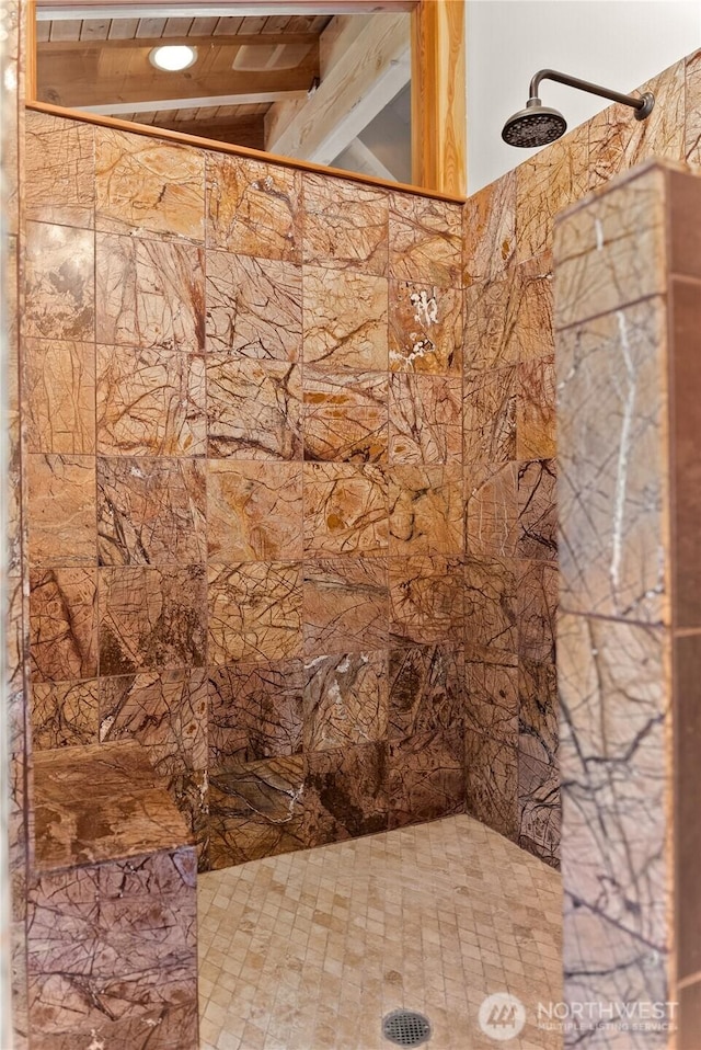 50 Sage Canyon Dr, Winthrop, WA 98862 - bathroom featuring tiled shower and a wood ceiling with exposed beams