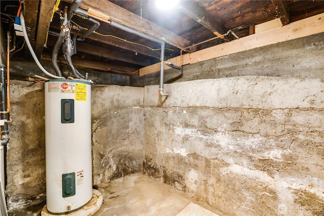 unfinished basement featuring water heater