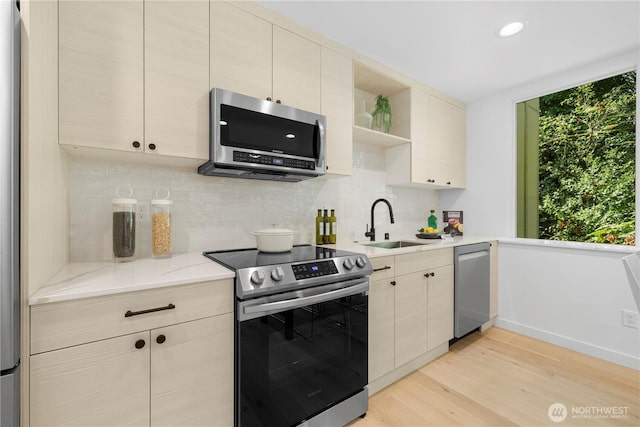 kitchen featuring light wood-style flooring, decorative backsplash, stainless steel appliances, and a sink