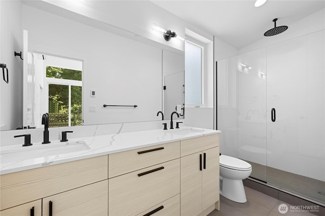 bathroom with toilet, a stall shower, double vanity, and a sink