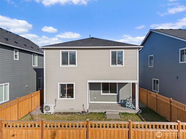 15132 Tyee Dr E, Bonney Lake, WA 98391 - rear view of house featuring ac unit, a patio area, a fenced backyard, and a shingled roof