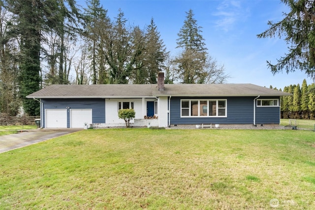 ranch-style home featuring a garage, aphalt driveway, a front yard, crawl space, and a chimney