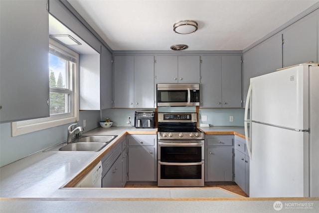 kitchen featuring appliances with stainless steel finishes, light countertops, gray cabinetry, and a sink