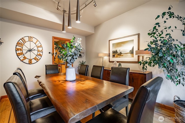 dining room featuring rail lighting, wood finished floors, and baseboards