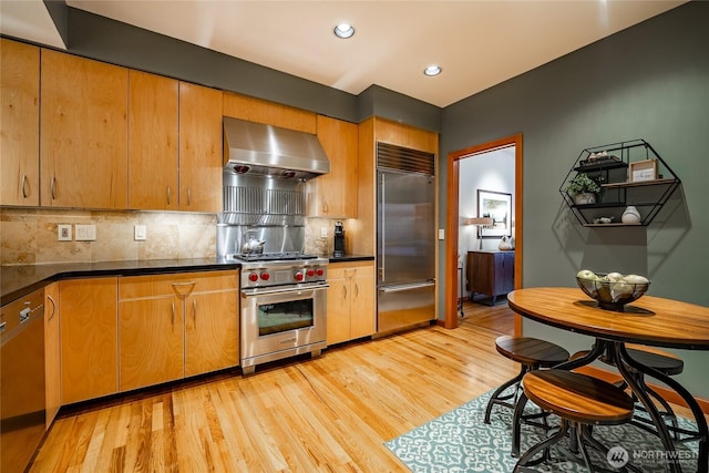 kitchen featuring high end appliances, dark countertops, wall chimney range hood, light wood-type flooring, and backsplash