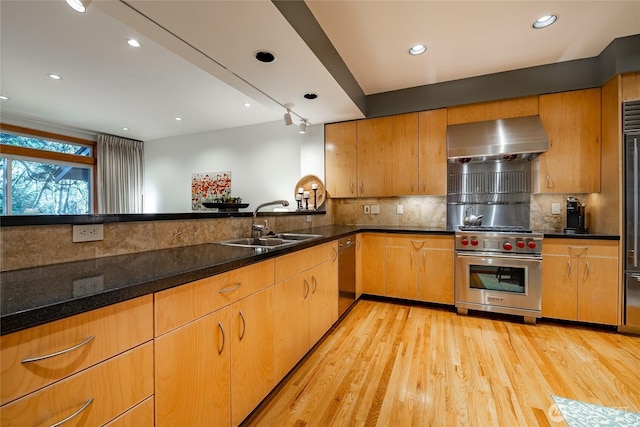 kitchen with wall chimney range hood, tasteful backsplash, light wood-type flooring, and stainless steel appliances