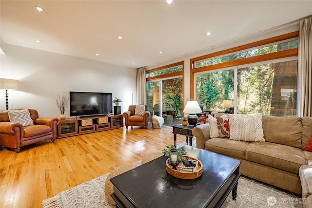 living room featuring recessed lighting and light wood finished floors