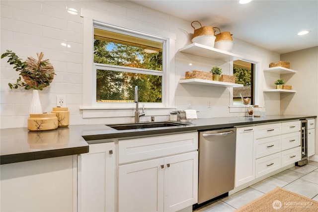 kitchen with a sink, open shelves, stainless steel dishwasher, dark countertops, and wine cooler