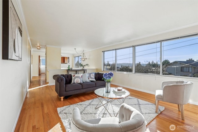 living room featuring ornamental molding, baseboards, and wood finished floors