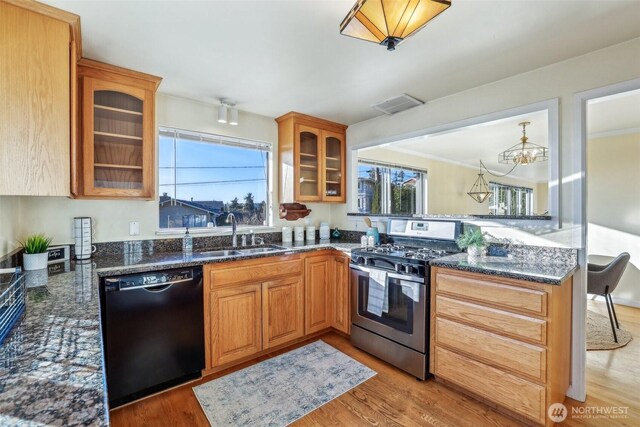 kitchen featuring a sink, black dishwasher, light wood finished floors, glass insert cabinets, and stainless steel range with gas stovetop