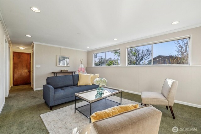 carpeted living area featuring recessed lighting, baseboards, and ornamental molding