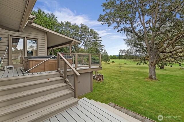 64 Garry Oak Ln, Friday Harbor, WA 98250 - wooden terrace featuring a yard and a hot tub