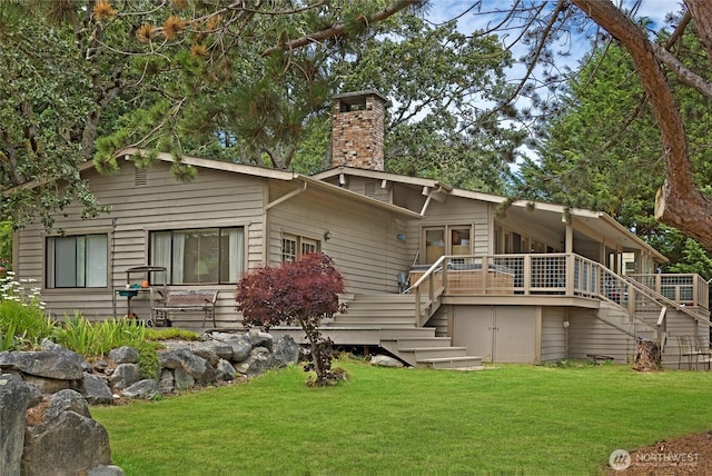 64 Garry Oak Ln, Friday Harbor, WA 98250 - exterior space featuring a wooden deck, a chimney, stairs, and a yard