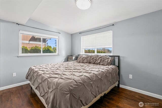 bedroom with lofted ceiling, wood finished floors, and baseboards