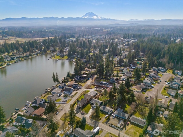 birds eye view of property with a water and mountain view