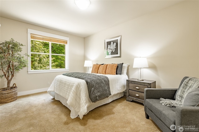 bedroom with baseboards and light colored carpet