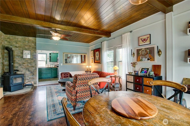 dining space with beamed ceiling, wood ceiling, and a wood stove