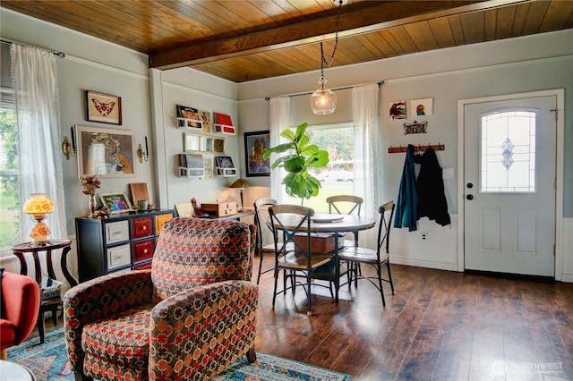 dining space featuring wood ceiling, a healthy amount of sunlight, beamed ceiling, and dark wood-style flooring