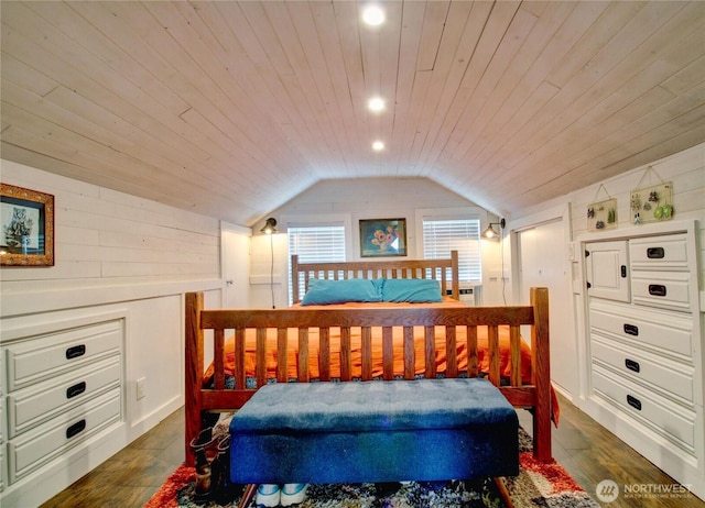 bedroom with dark wood-type flooring, recessed lighting, wood ceiling, and lofted ceiling