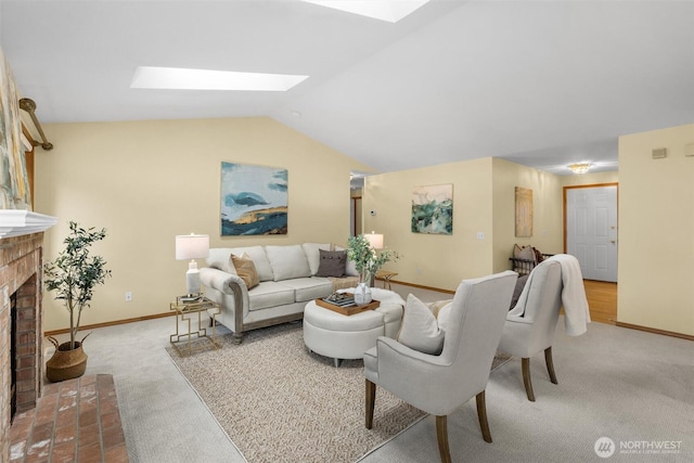 living area with carpet, lofted ceiling with skylight, a fireplace, and baseboards