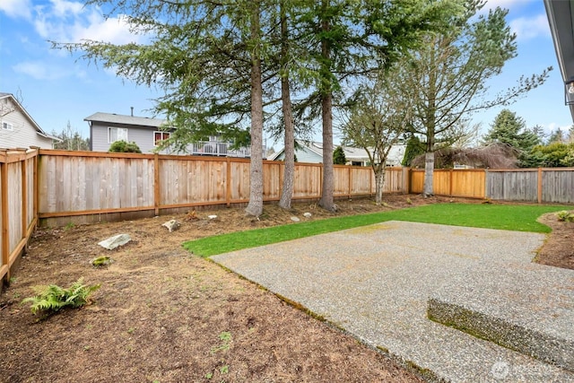 view of yard with a fenced backyard and a patio area