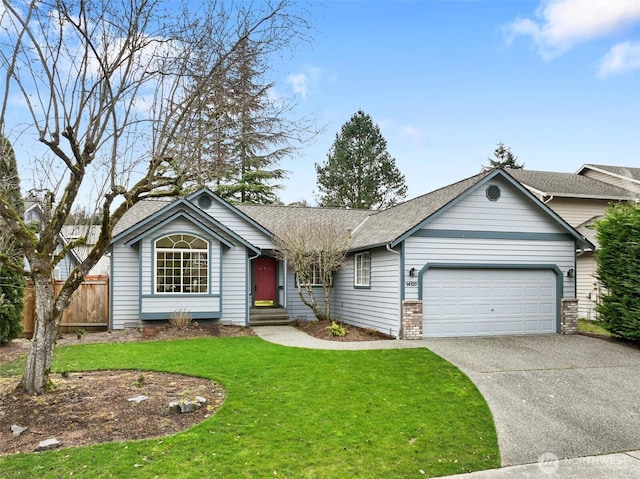 single story home featuring a shingled roof, fence, concrete driveway, a front yard, and an attached garage