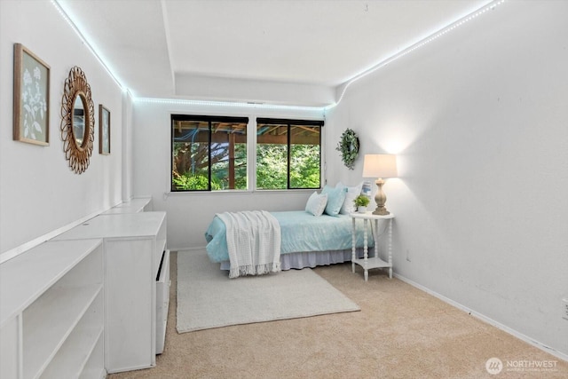 bedroom with baseboards and light colored carpet