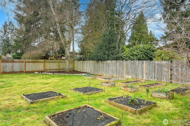 view of yard featuring a garden and a fenced backyard