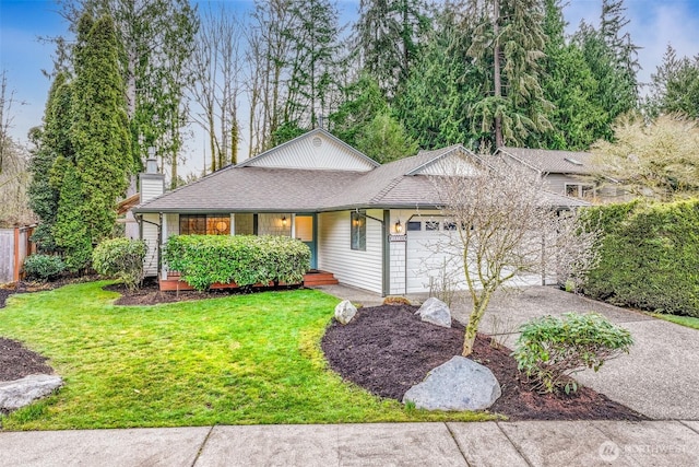 ranch-style home featuring driveway, an attached garage, a front lawn, and roof with shingles