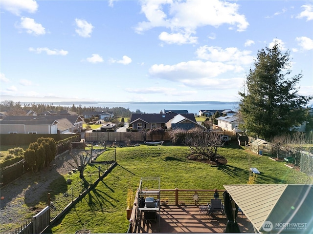 exterior space featuring a residential view, a deck with water view, and a fenced backyard