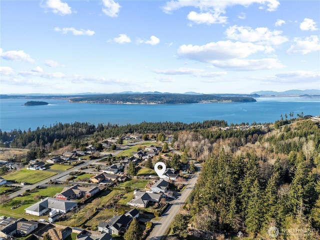 aerial view with a view of trees, a water view, and a residential view