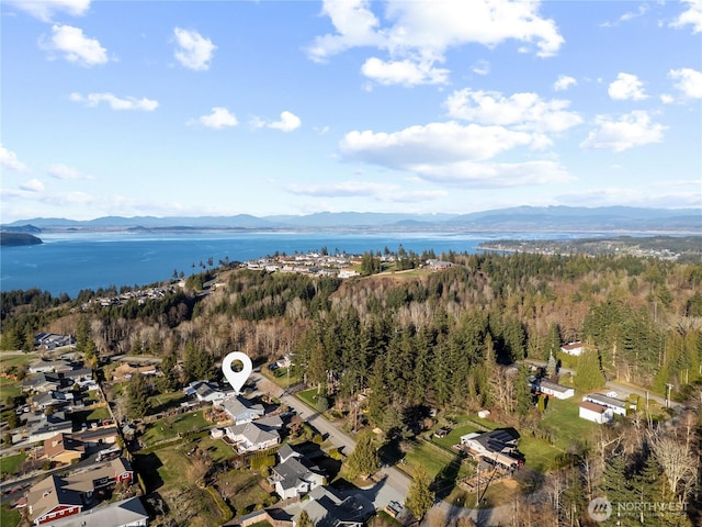 bird's eye view featuring a water and mountain view and a wooded view