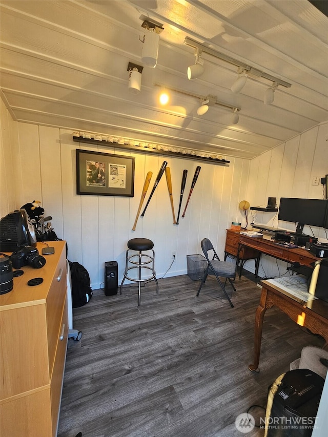 home office featuring dark wood-style floors and rail lighting