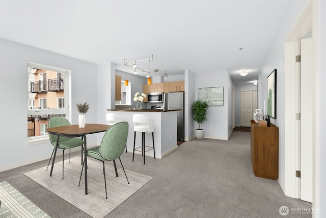 dining space with light carpet, rail lighting, and baseboards