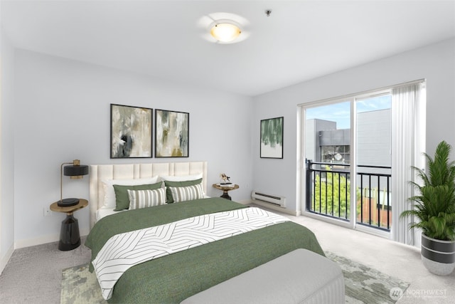 carpeted bedroom with a baseboard radiator, access to outside, and baseboards