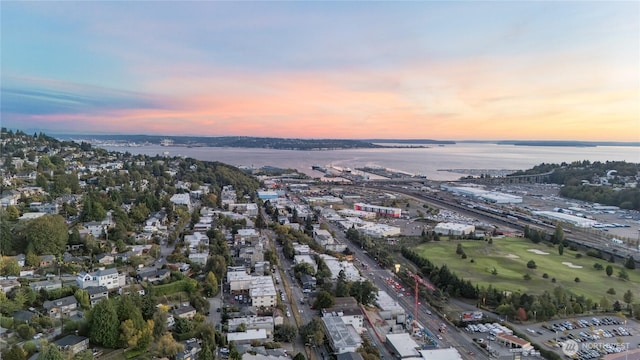 aerial view at dusk with a water view