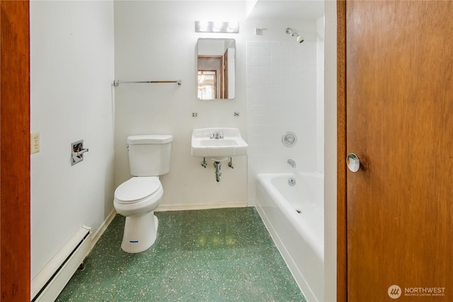 full bath with baseboards, bathing tub / shower combination, toilet, tile patterned floors, and baseboard heating