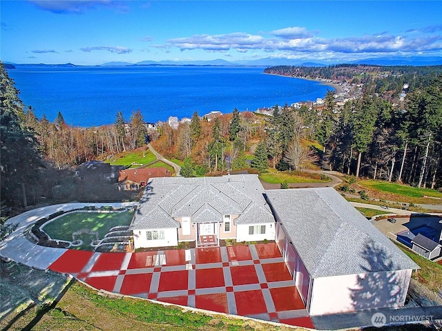 birds eye view of property with a forest view and a water view