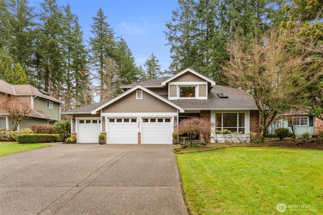 view of front of home featuring brick siding, a shingled roof, concrete driveway, a front yard, and a garage