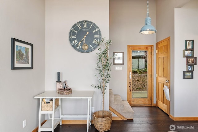 doorway to outside featuring dark wood-type flooring and baseboards