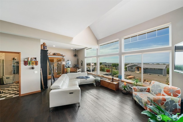 bedroom with multiple windows, high vaulted ceiling, and wood finished floors