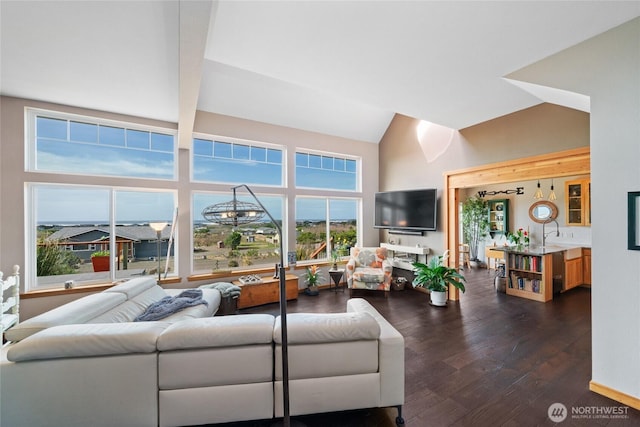 living area featuring high vaulted ceiling and dark wood-style flooring