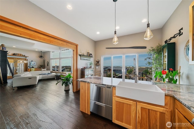 kitchen featuring dishwasher, open floor plan, dark wood-style flooring, decorative light fixtures, and a sink