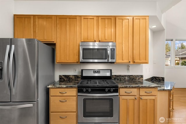 kitchen featuring recessed lighting, appliances with stainless steel finishes, dark stone countertops, and wood finished floors