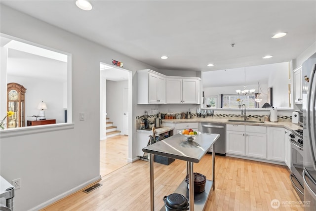 kitchen featuring stainless steel appliances, light countertops, visible vents, white cabinetry, and a sink