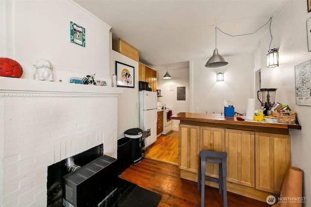 bar featuring dark wood-type flooring, white appliances, electric panel, and pendant lighting