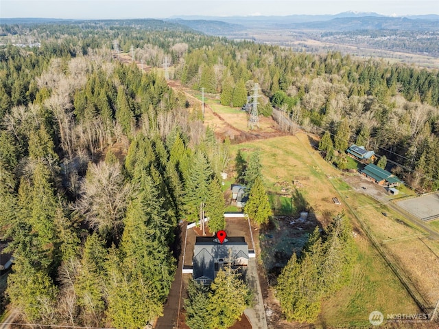 aerial view featuring a wooded view and a mountain view