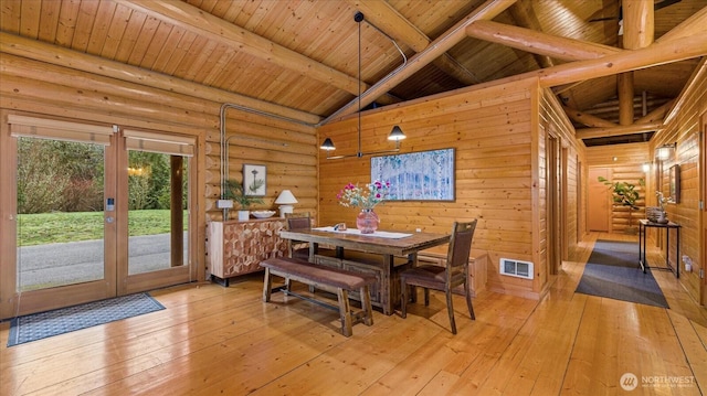 dining space with visible vents, light wood-style floors, wood ceiling, and french doors