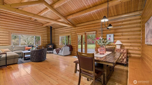 dining space with beamed ceiling, high vaulted ceiling, hardwood / wood-style floors, rustic walls, and a wood stove